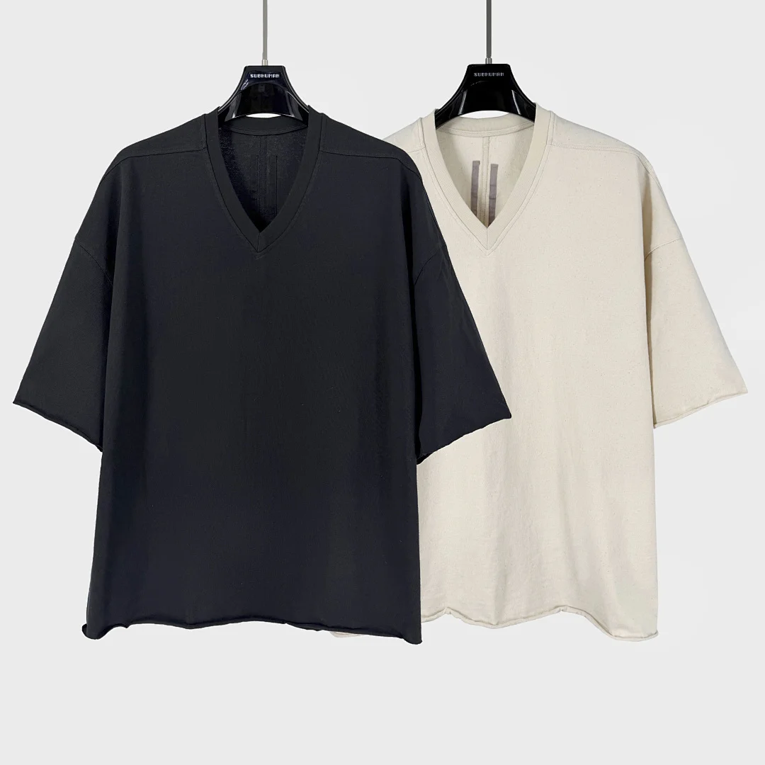 

2026SS Rick's Minimalist Classic High Luxury V-neck Women Men T-shirt Tees Oversized Men Casual Heavy Cotton T shirt
