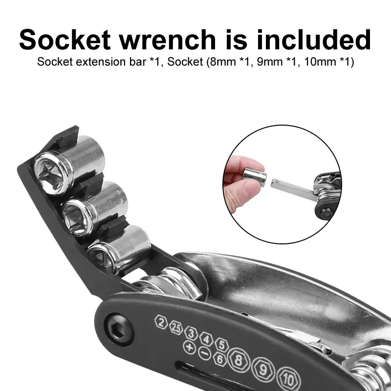 Kit di attrezzi per la riparazione della bici 16 in 1 Multitool per bicicletta con leve per pneumatici per bici chiave a raggi esagonali Set di strumenti di riparazione metrica pieghevole