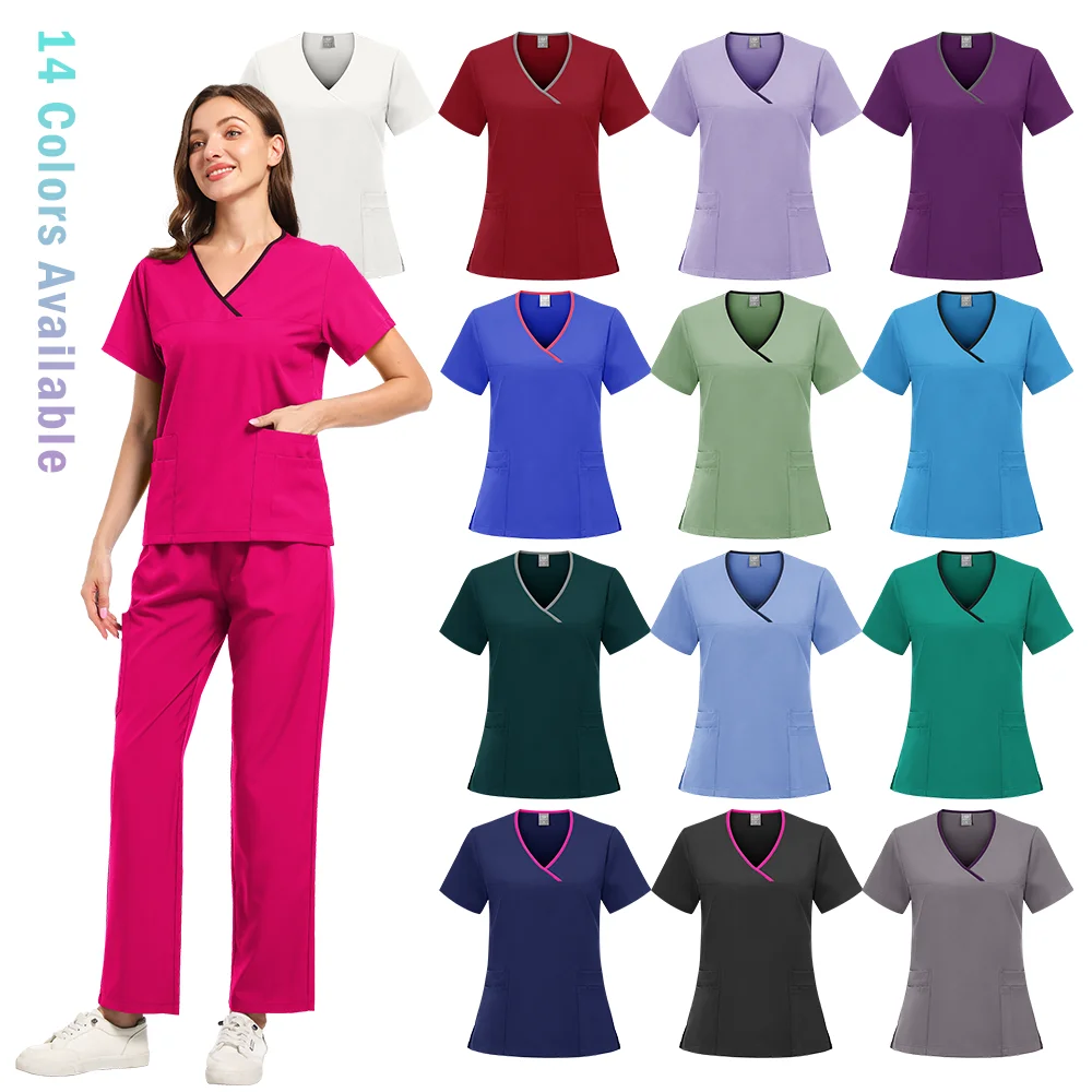 Women Men V-neck Short Sleeve Scrubs Surgical Nursing Uniforms Nurse Pockets Workwear Dentist Medical Uniforms Clinic Scrub Suit