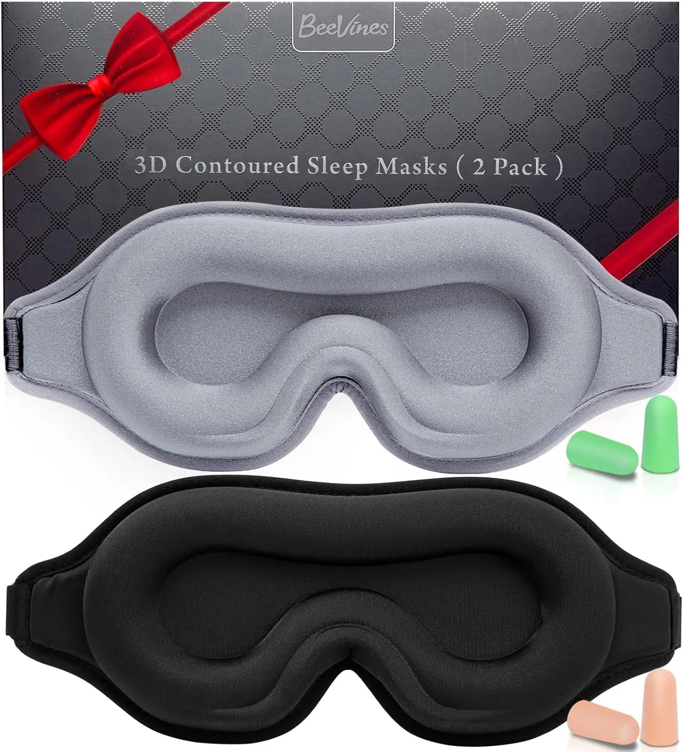 

3D Contoured Sleep Mask 2 Pack, Blackout Eye Cover for Lash Extensions, Adjustable Strap, Travel Nap Yoga, Black & Grey
