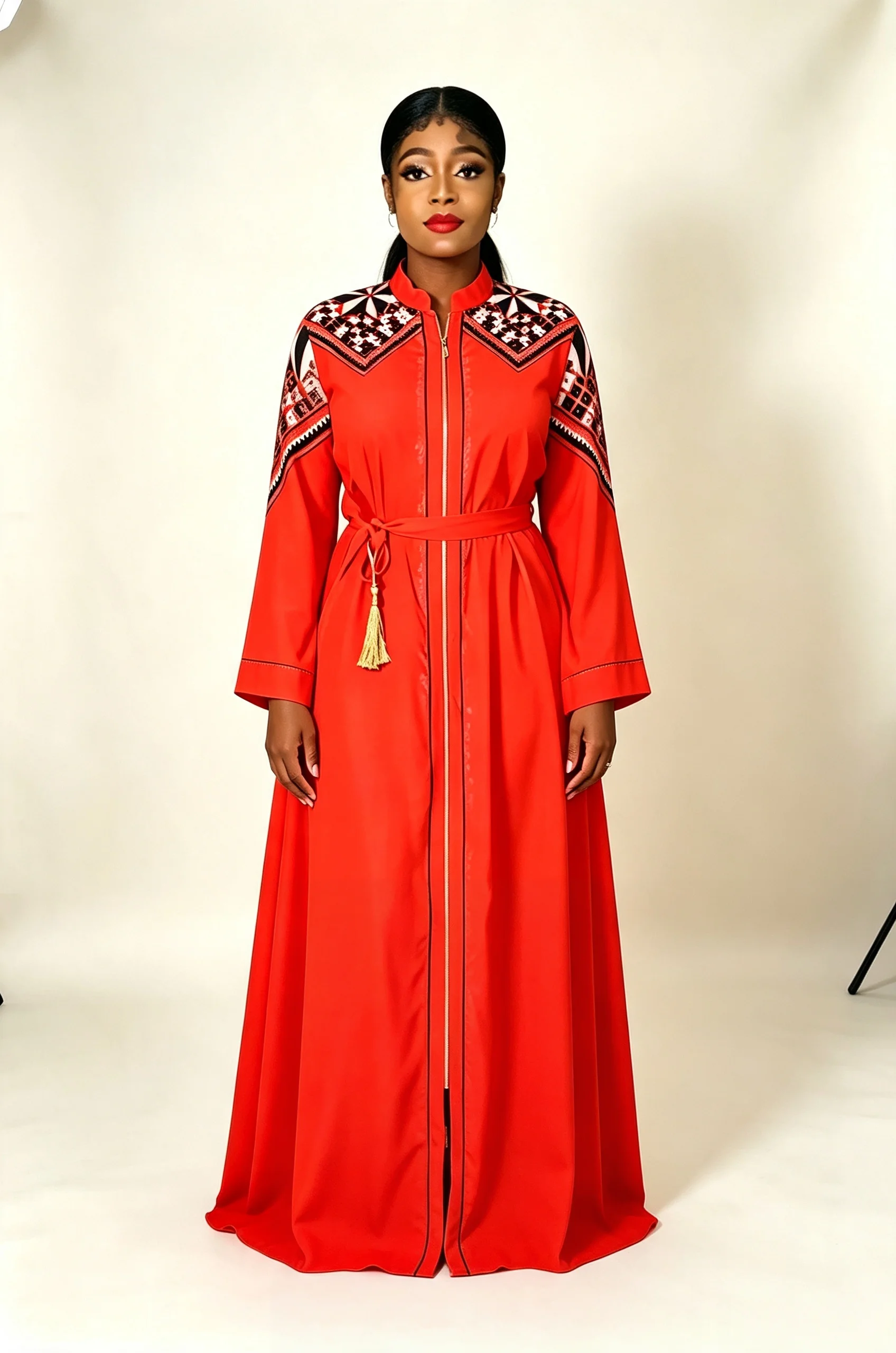 Five Colors Available: Red Shoulder Ethnic Print Zipper Robe, Fitted Waist Fringed Belt, Large Size Muslim Long Dress