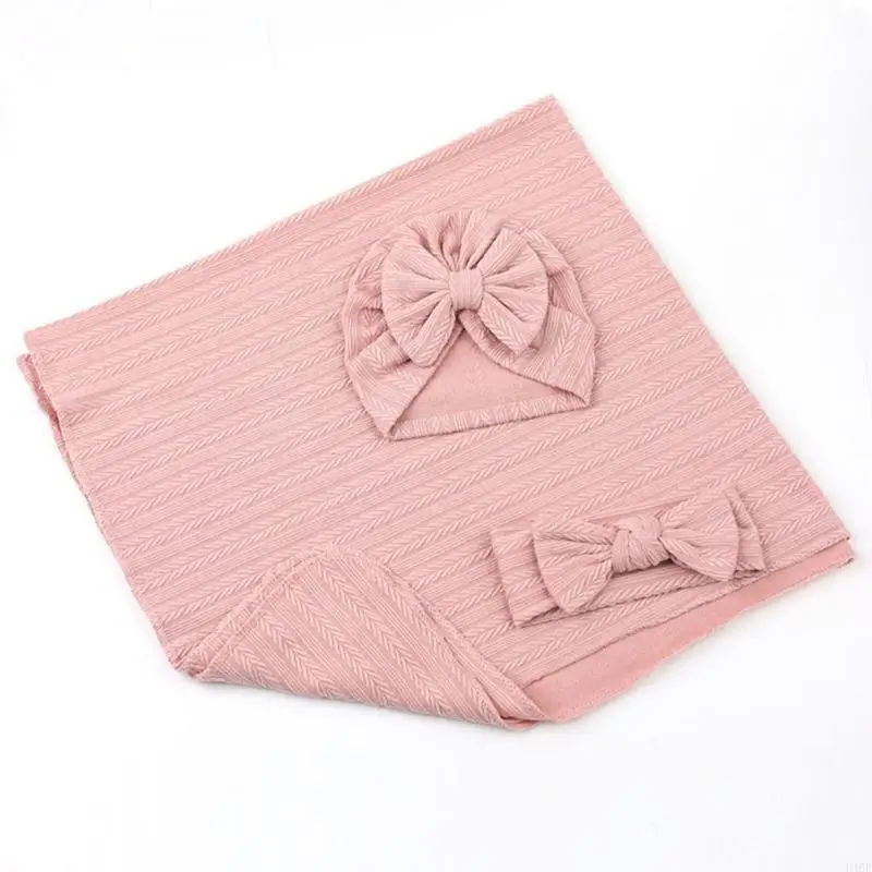 

3pcs Baby Swaddle Blanket with Newborn Hat Bowknot Headbands Receiving Blanket