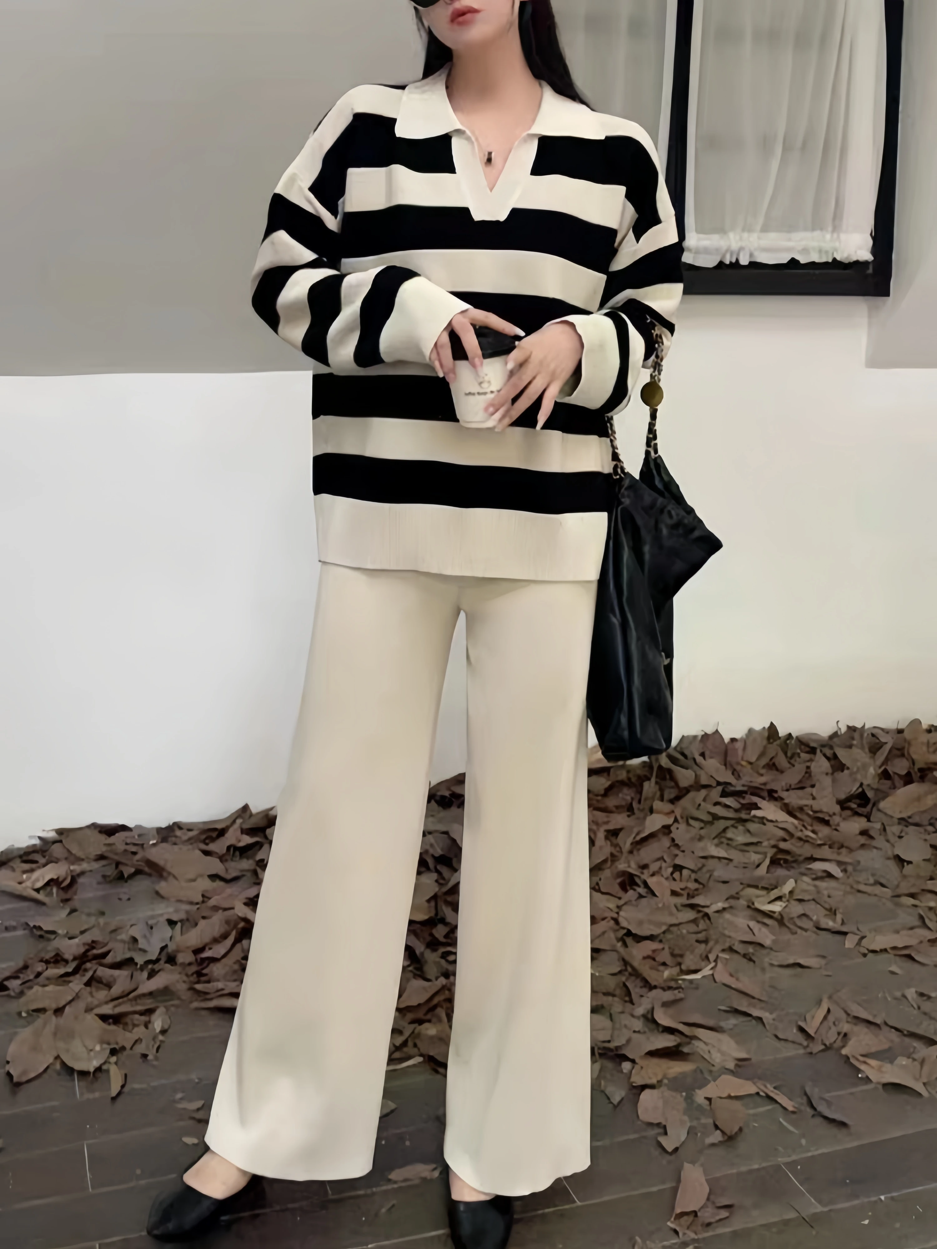 2024 Spring New Retro Women Sweater Set Casual Pullovers Suits Striped Knitted Long Sleeve Elegance Tops Elastic Wide Leg Pants