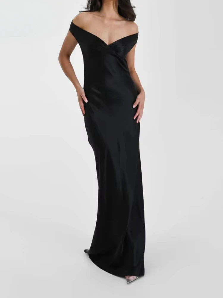 Novo verão cetim arco sem costas sexy maxi vestido para mulheres vestido moda decote em v sem mangas clube festa vestido de noite roupas elegantes