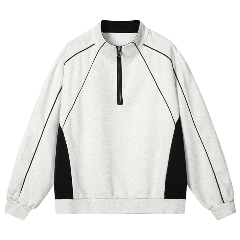 Men Stand Collar Half Zip Sweatshirt Color Block Contrast Line Pullover Tops Versatile Loose Fit Sweatshirts Unisex Streetwear