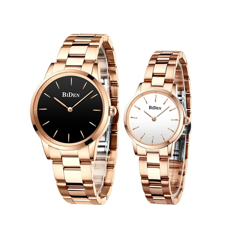 BIDEN 2PCS Couple Watch Men's High End Business Watch Fashion Stainless Steel Strap Simulated Women's Quartz Watch