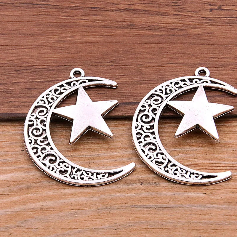 6PCS 30*40mm Metal Alloy Hollow Moon Charms Five-pointed Star Pendants for Jewelry Necklace Making Bracelet Handmade Craft