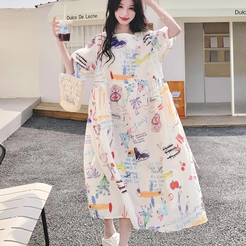 Novedad de verano, ropa de mujer, vestido colorido con dibujo grafiti de dibujos animados, dulce y fino, vestidos camiseros de longitud media con reducción de edad para mujer