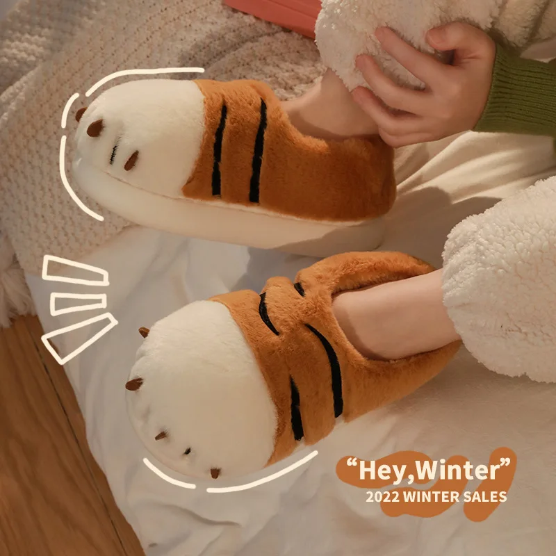 Cartoon Tiger Paw Slipper Winter Indoor Warm Fur Shoes Slides Cute Animals Plush Platform Design Claw Ladies Home Slippers