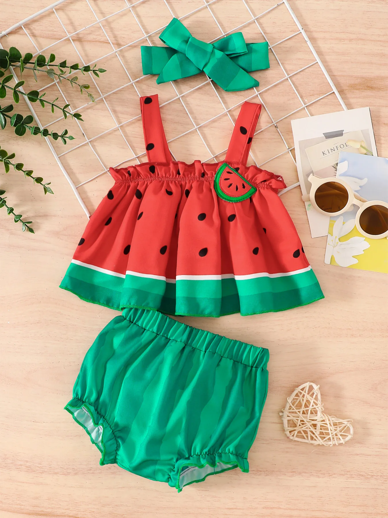 Baby Girl Watermelon Three-Piece Set: Suspender Dress, Shorts, Headband, Summer Cute Fruit-Themed Outfit