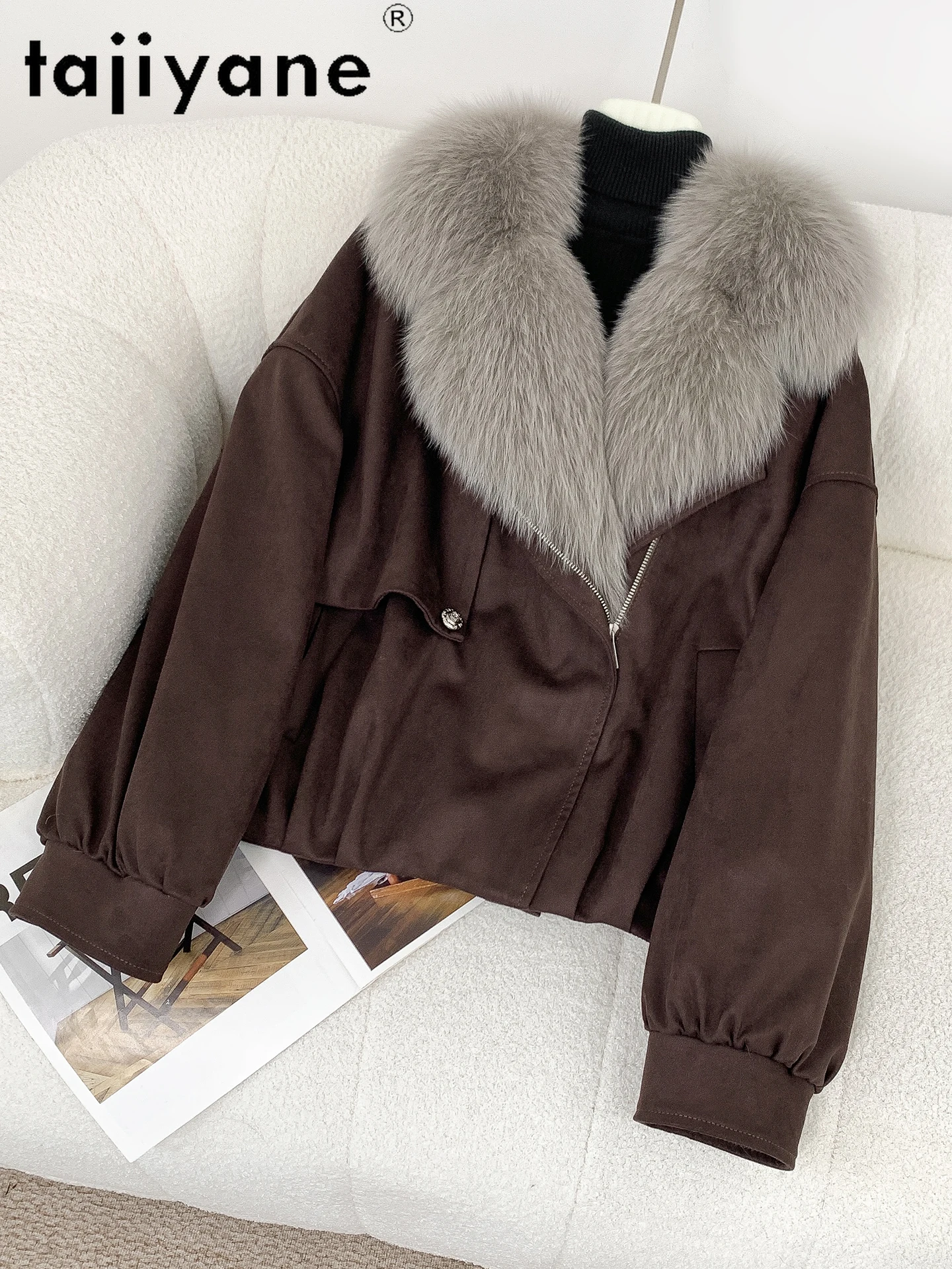 Tafiyane casacos de penas de ganso feminino luxo gola de pele de raposa jaquetas de camurça premium senhoras outerwears 2025 inverno roupas femininas domaхоislav