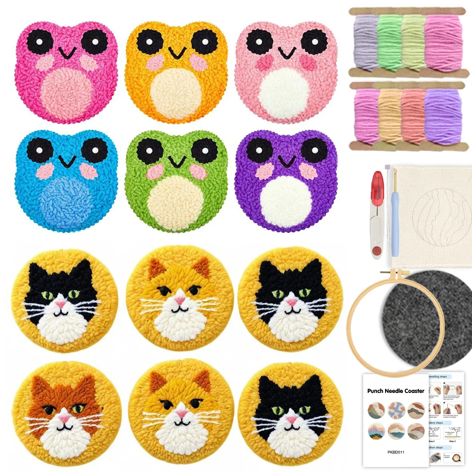 

6Pcs Punch Needle Coasters Kits Frog Patterns Drink Coasters Set Tufted Rug Pads with Adhesive Felt Yarns Embroidery Crafts