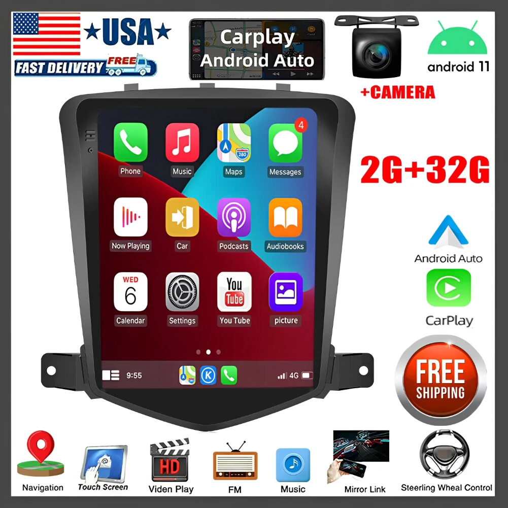 2+32G Car Stereo for Holden Cruze 2009-2015, 9.7inch Android 13 Touch Screen Radio Multimedia Player, 1024X600 Screen/with Carplay/Android Auto/SWC/Bluetooth/WiFi/FM RDS + 12Led Backup Camera