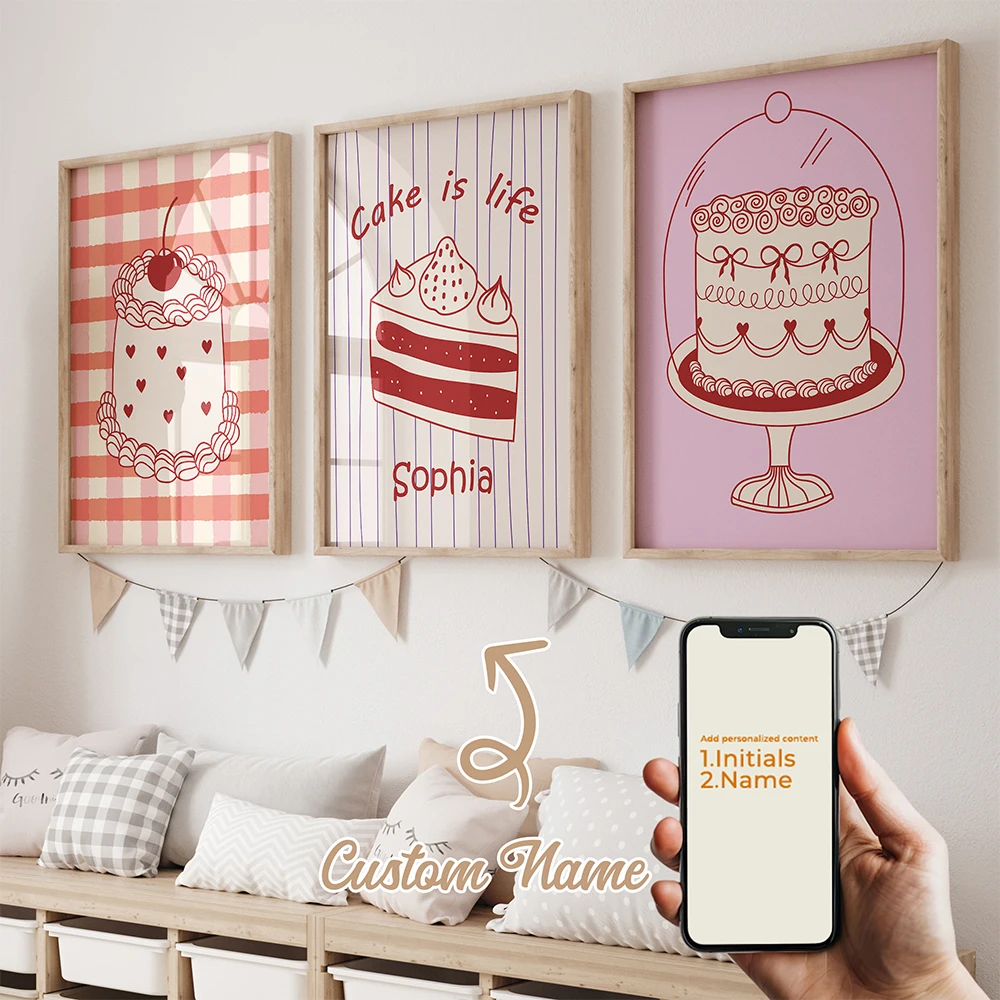 

3pcs Personalized Custom Name Cartoon Cake Wall Art Print Picture Canvas Poster Painting For Living Room Kids Room Home Decor