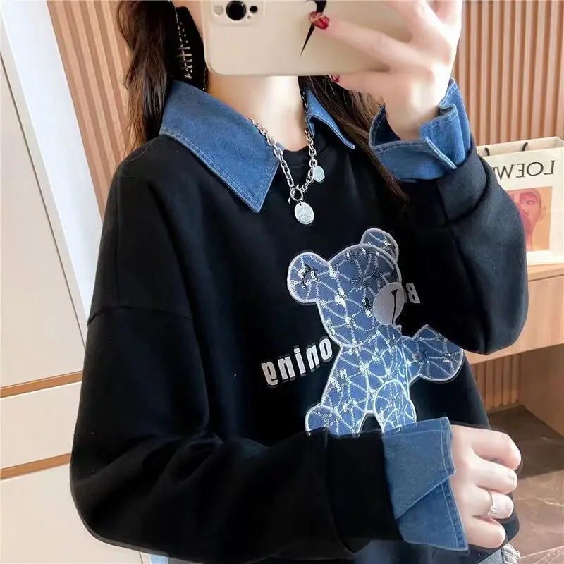 Women Clothing Patchwork Fake Two-piece Hoodies Spring Autumn New Long Sleeve Printing Loose Youth Casual Tops Fashion Korean