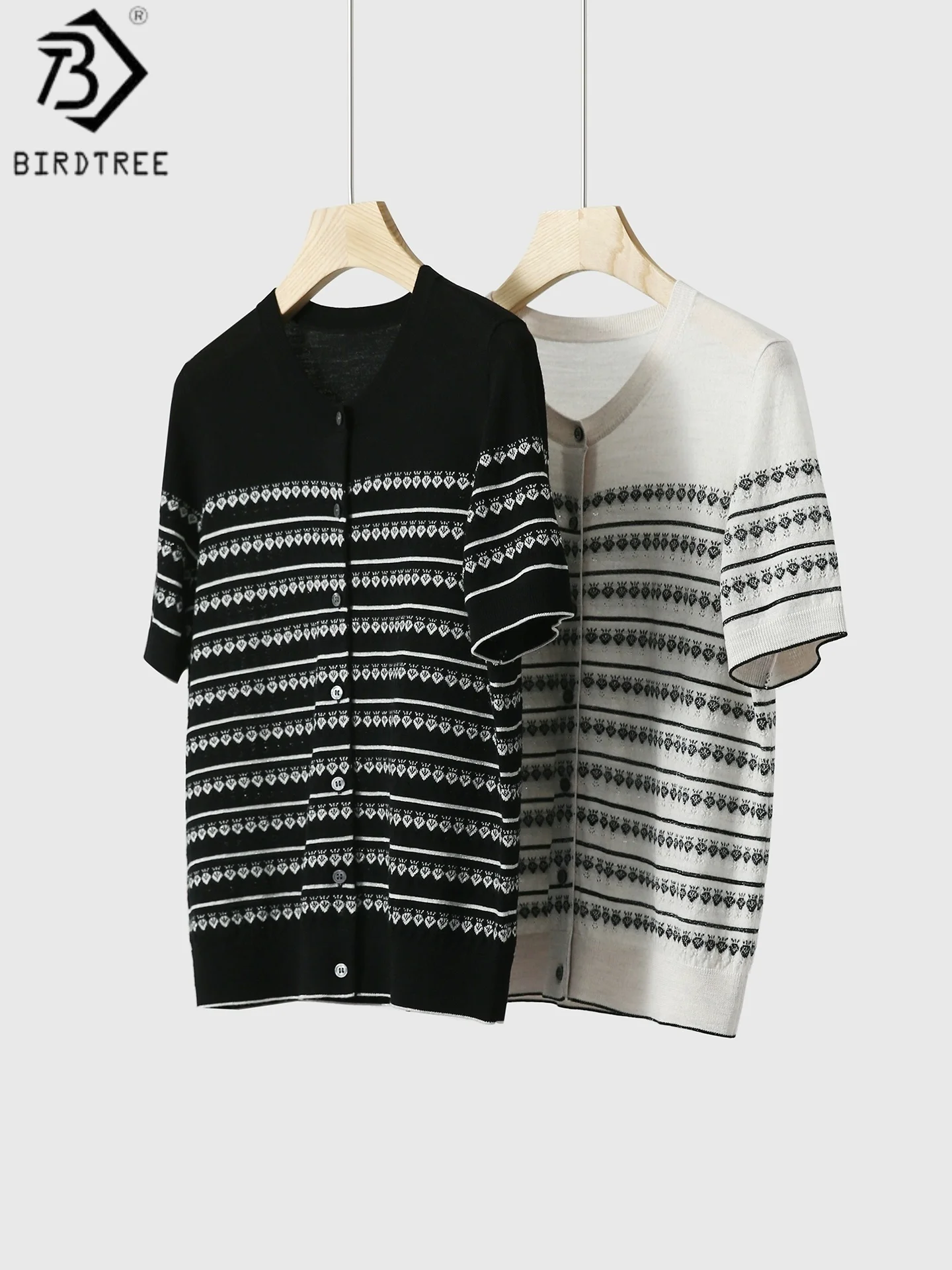 

Birdtree 100% Sheep Wool Stripe Cardigan,Woman 16-needles Jacquard Short Sleeve Single Breasted Knitwear Tops Autumn T58008JF