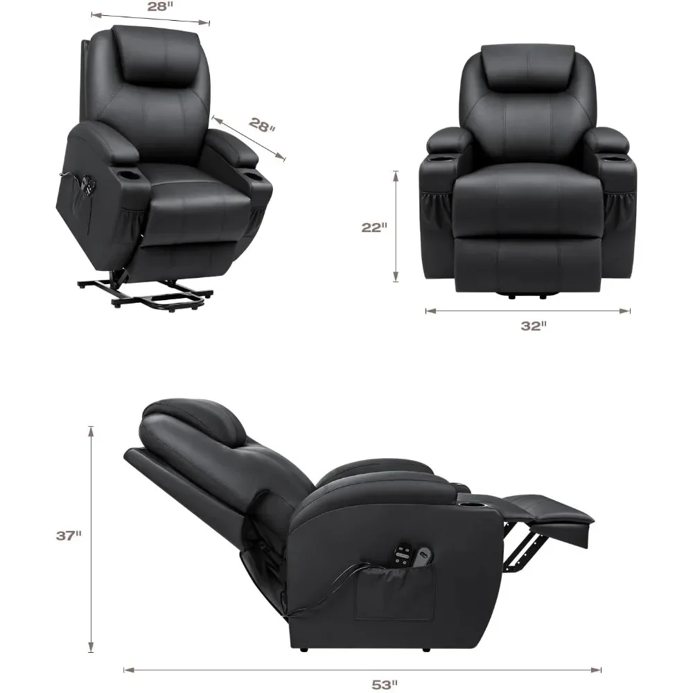 Silla reclinable con elevación eléctrica para personas mayores, sofá reclinable para sala de estar con masaje, bolsillos laterales y portavasos (cuero)