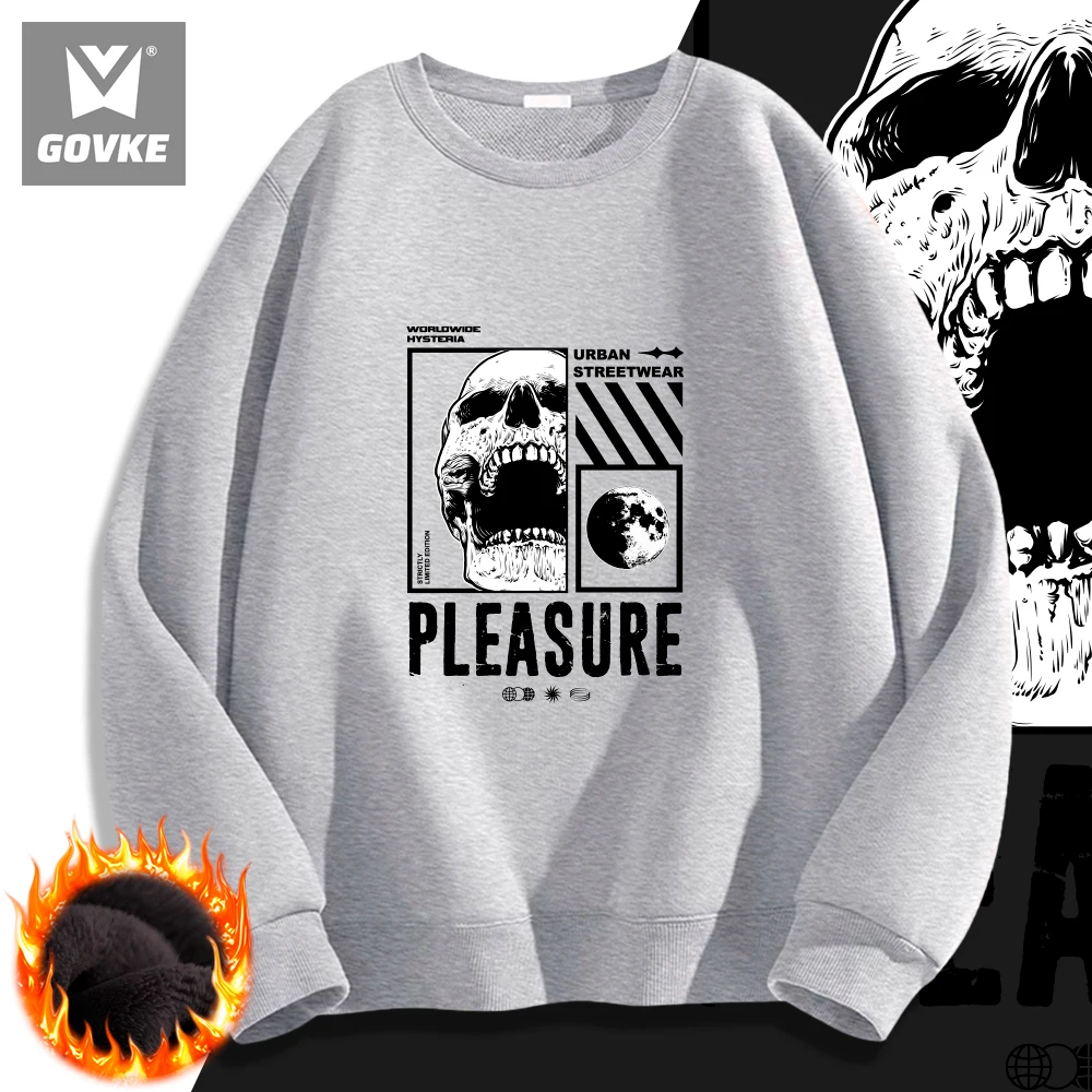 

Urban Streetwear Plfasure Printed Men's Hoodless Gothic Clothing Autumn and Winter Hoodless Plush Thick Wearing Type Hoodless