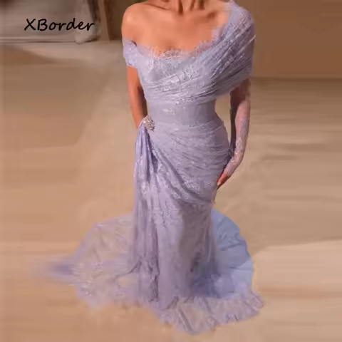 Customized Evening Dress One Shoulder Lace Crystals Purple Customized Mermaid Prom Wedding Party Gown Vestidos Para