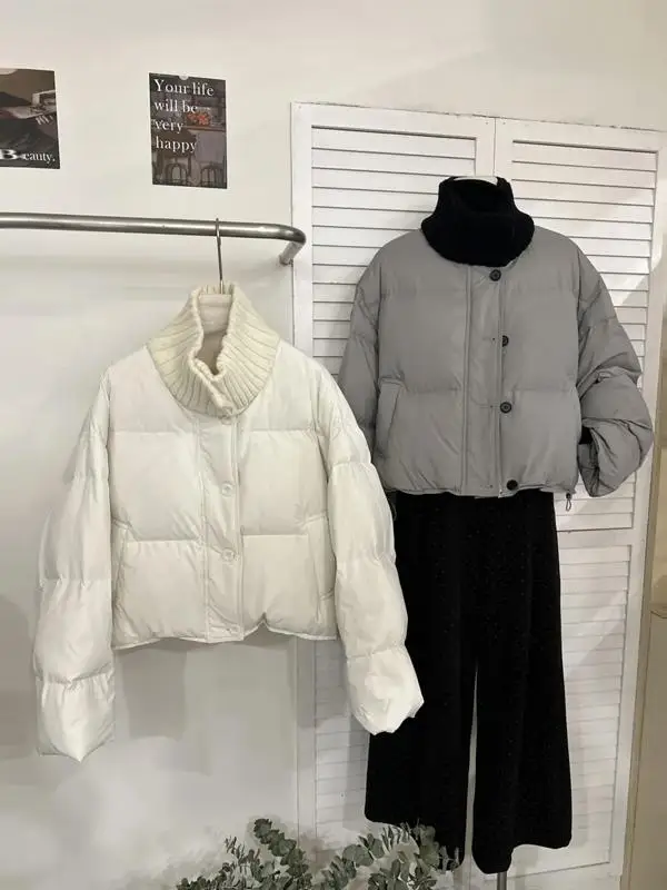 

Корейская короткая хлопковая куртка в стиле пэчворк с вязаным воротником-стойкой для женщин: модное зимнее пальто с эффектом объемности