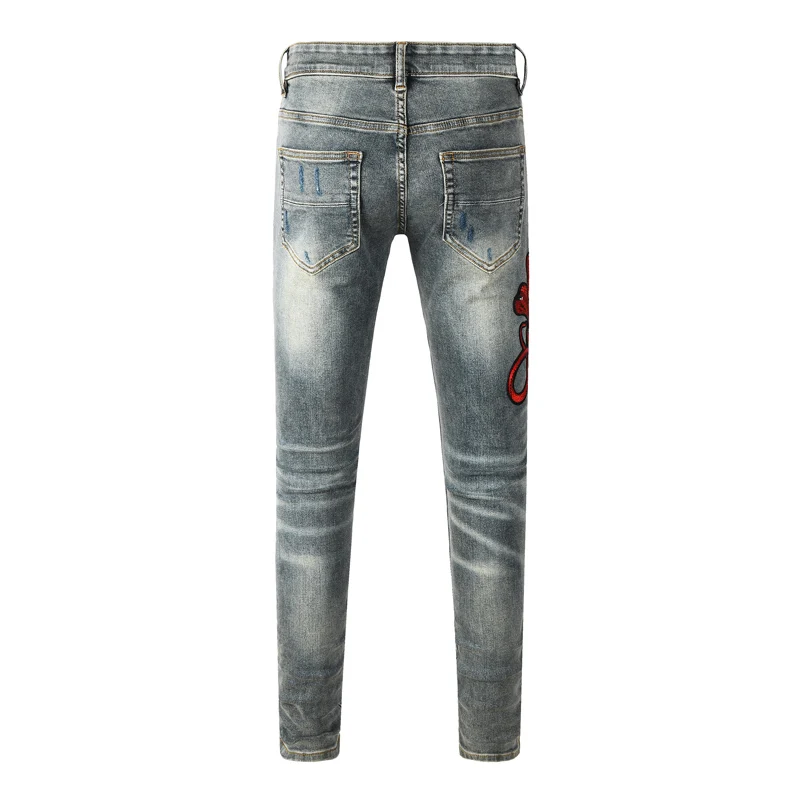 Fashionable new men's jeans with snake pattern embroidery, washed water, nostalgic stretch, slim fit, light blue jeans, high str