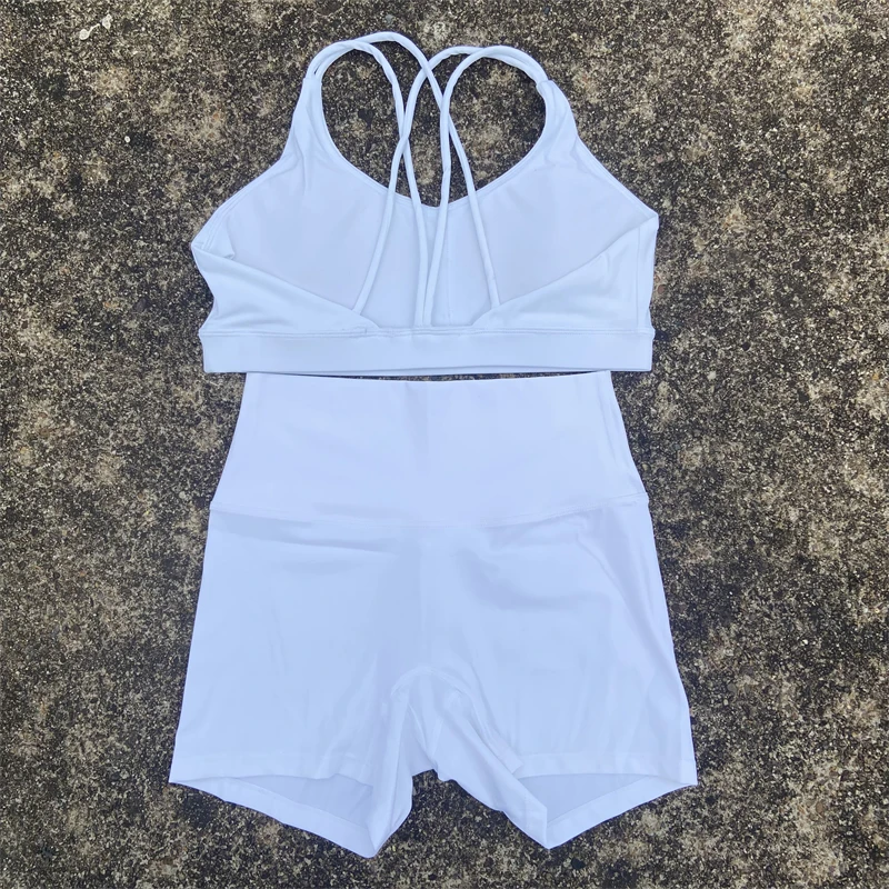 Women Cross fitness Bra Top Sport Short 2 pc Solid Color Women Gym Yoga Set Soft Cross-back straps  Athletic Workout Tracksuit