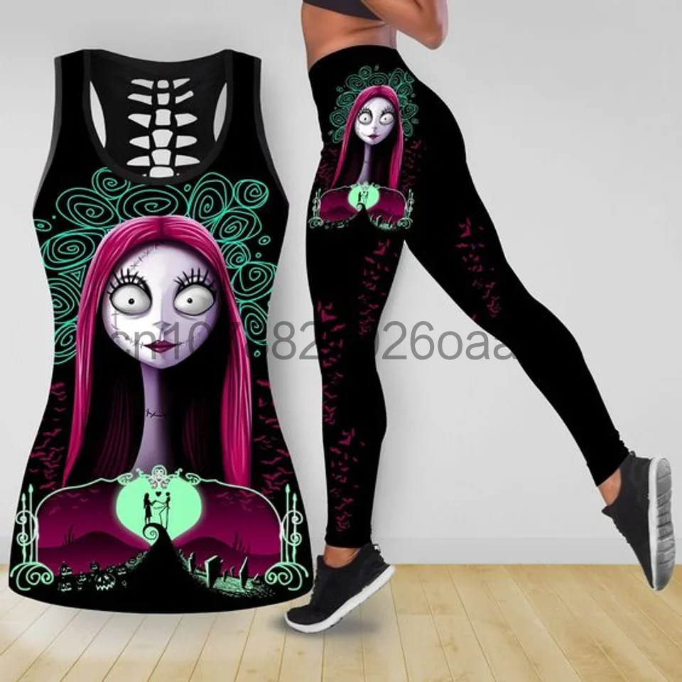 Disney The Nightmare Before Christmas Jack Skellington Sally Womens Hollow Tank Top Leggings Yoga Set Fitness Leggings Tracksuit