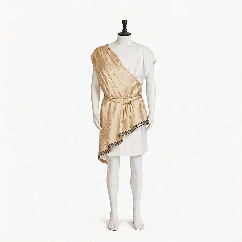 Herren Antikes Griechisches Götter-Toga-Kostüm Römischer Caesar Goldene Robe Set Halloween Mythologie Olympischer Gott Bühnen-Party Cosplay Outfit