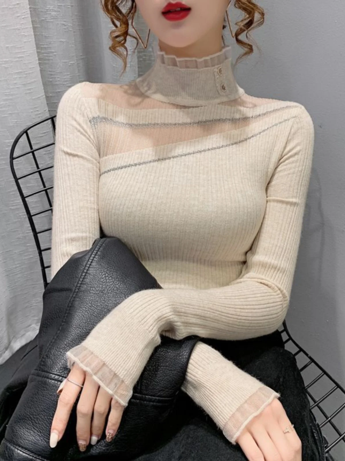 

Женский облегающий вязаный свитер с кружевной отделкой и высоким воротником, удобный сексуальный модный топ для внутренней одежды на осень