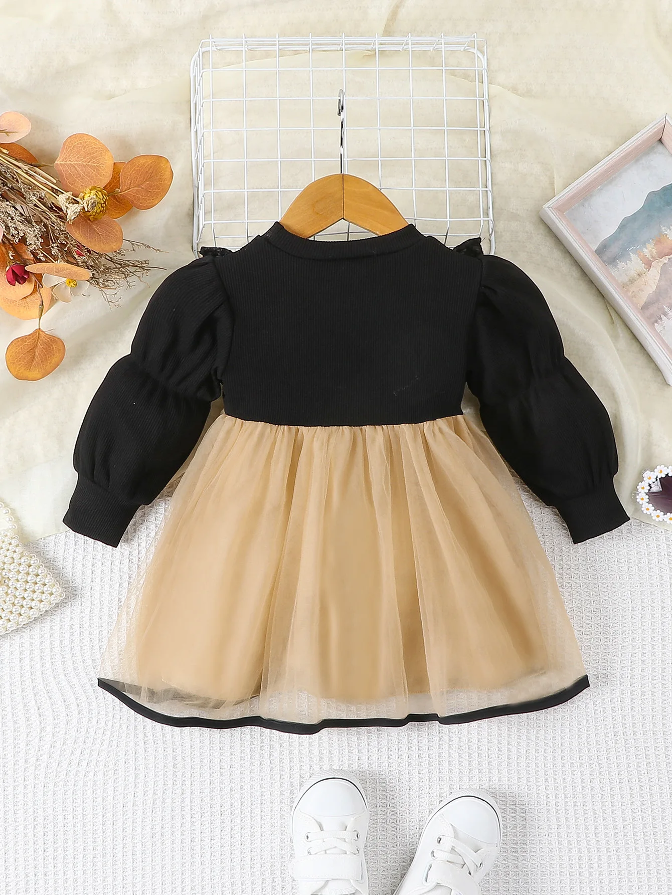 Baby Clothes Girl Spring Dress Children\'s Style Lantern Sleeve Mesh Princess Dress Long Sleeve Puff Sleeve Girl\'s Puff Skirt