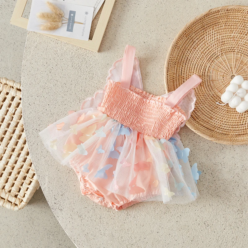 Suefunskry Infant Girl Romper Dress Butterfly Decor Sleeveless Layered Tulle Tutu Skirt Hem Cami Jumpsuit Newborn Baby Bodysuit