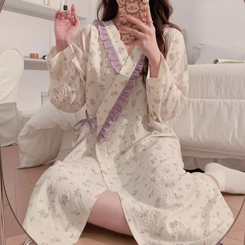 

Korean Version Sweet Women's Nightdress Spring and Autumn Lace-up Pajamas Loose Casual Home Wear Mid-length Lacework Nightdress