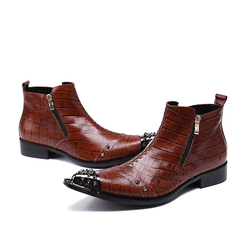 

Luxury Ankle Real Leather Zip Pointed Boots Man Elegant Genuine Booties Toe Metal Outdoor Black Boots