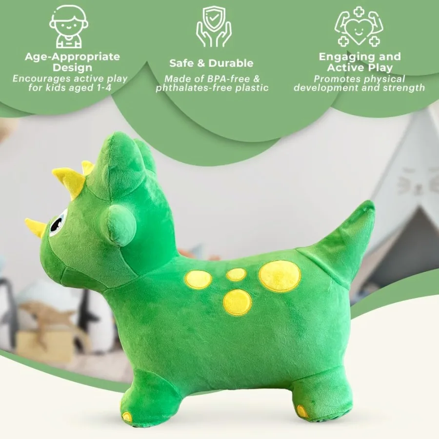 ぬいぐるみグリーン恐竜バウンス乗用玩具、ポンプ付きインフレータブルホッパー、幼児用おもちゃ、屋内外遊びに最適、安全で柔らかいデザイン