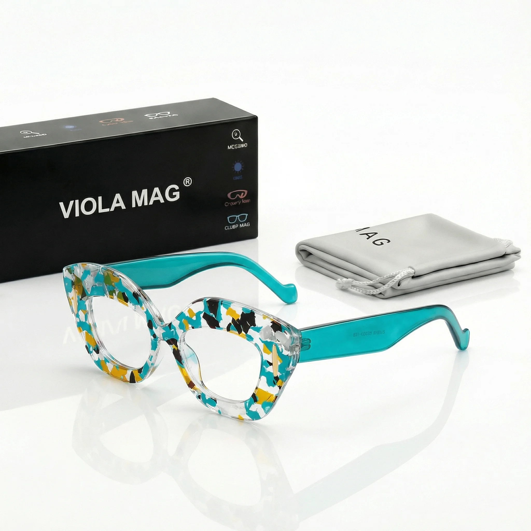 VIOLA MAG Großer Rahmen Farbiger Katzenaugen-Gleitsichtspiegel, Anti-Blaulicht Mode Tägliches Reisen, Inklusive Spiegelbox und Tasche