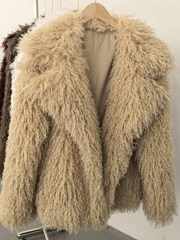 Aynaray 2025 Winter Women Faux Fur Jacket Solid Khaki Long Sleeve Thick Warm Outwear Fluffy Coat For Women