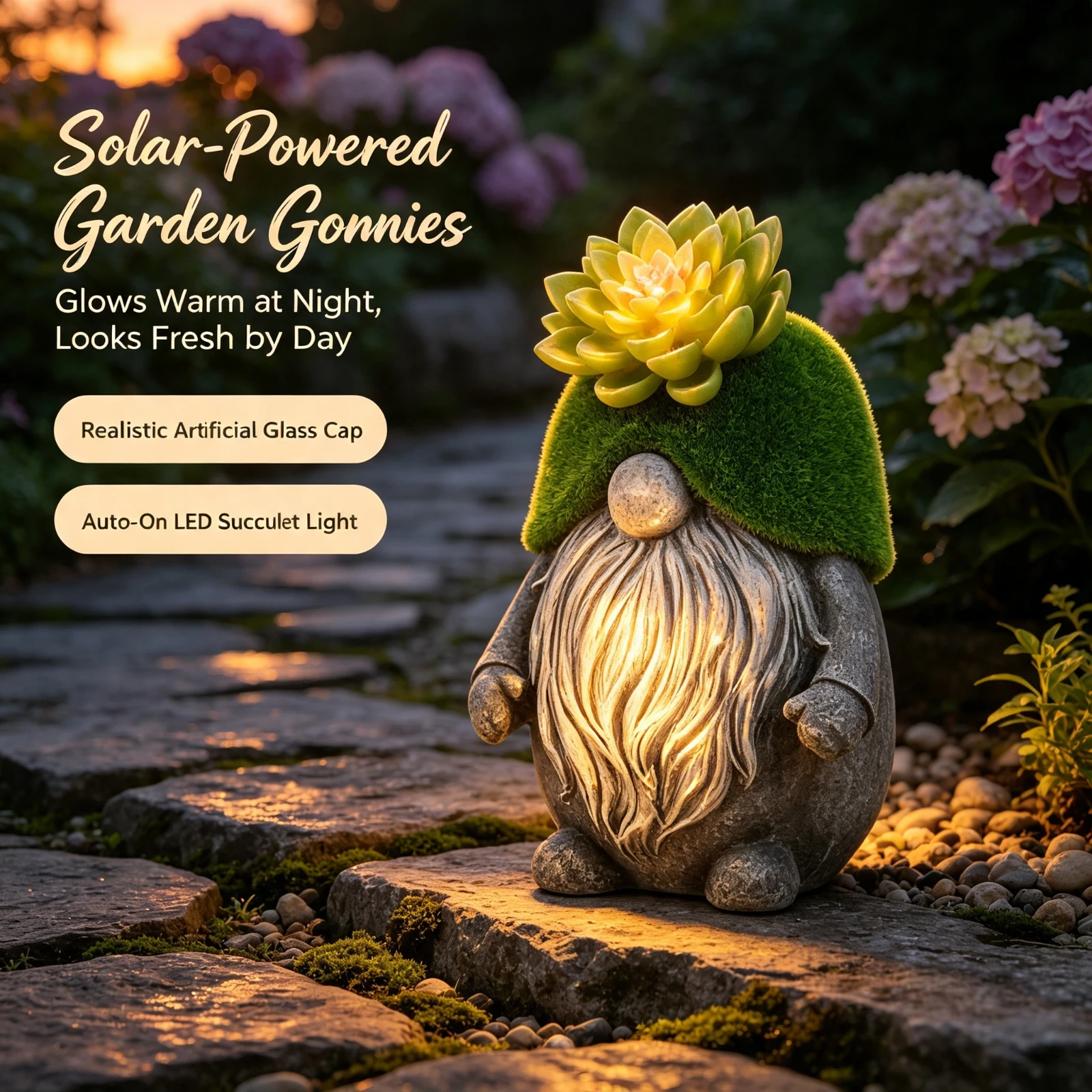 Solar LED Garden Gnome Statue Waterproof Resin Flocked Hat Succulent Planter Outdoor Lawn Yard Decoration Figurine Ornament Gift