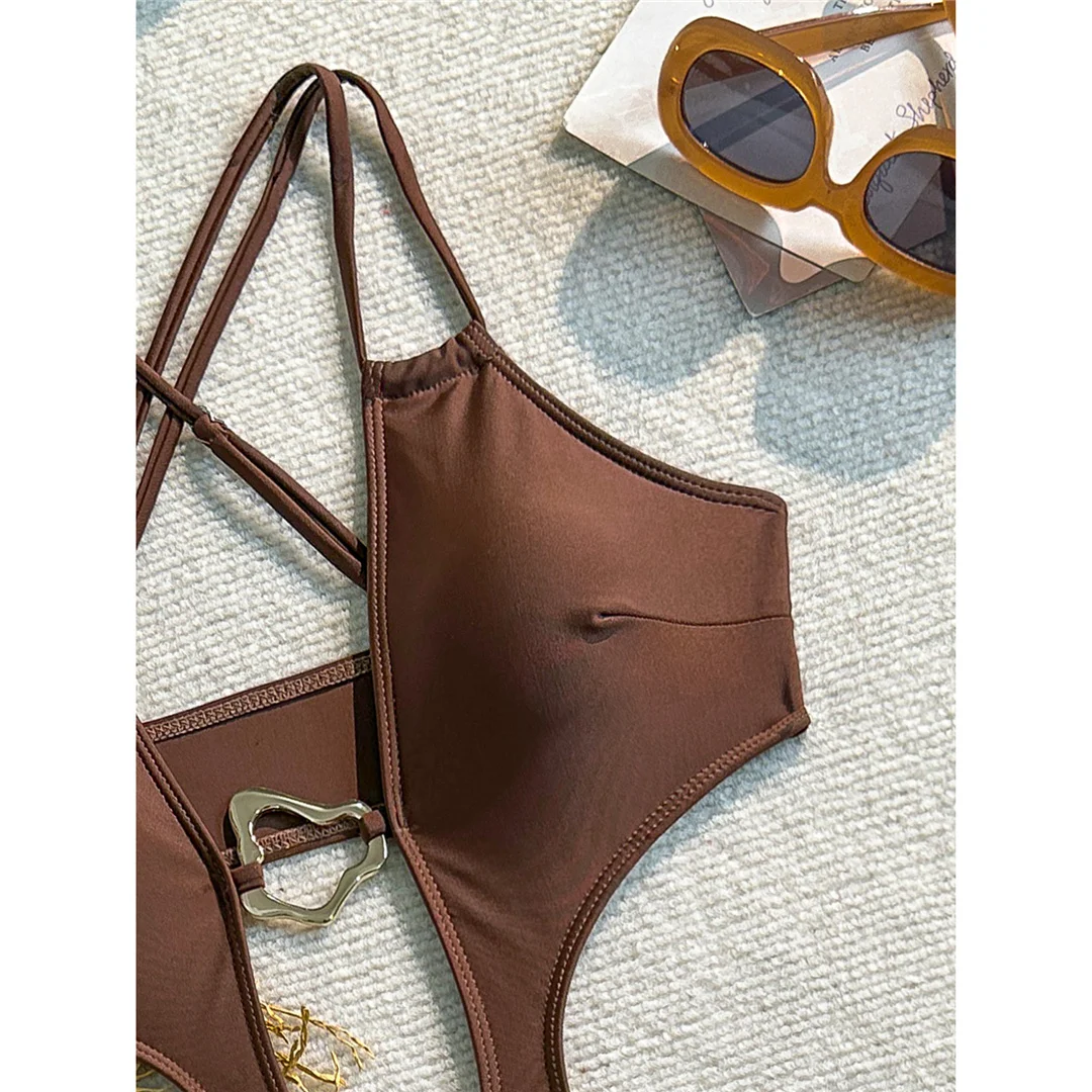 Sexy Badeanzug für Damen mit Metallring-Ausschnitt und Kreuzrücken, einteiliger Badeanzug, hoch geschnittene Beine, Monokini, Badebekleidung, Badeanzug V7566 – Detail 16