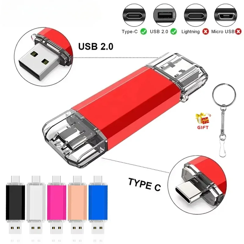 

TYPE C 2 IN 1 High Speed USB Flash Drive 128GB Key Chain Pen Drive 64GB USB Stick Flash Disk for Android PC/Car Memory Stick 32G