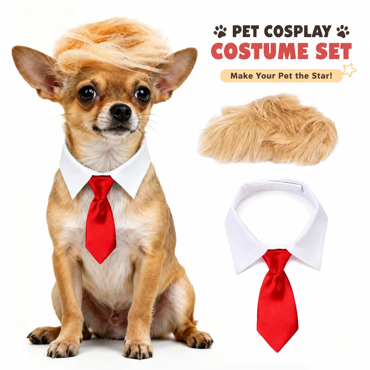 Lustiges Hunde-Perücken- und Fliege-Kostüm-Set, Haustier-Cosplay-Outfit für Hunde und Katzen, niedliches Party-Verkleidungs- und Foto-Requisiten-Accessoire
