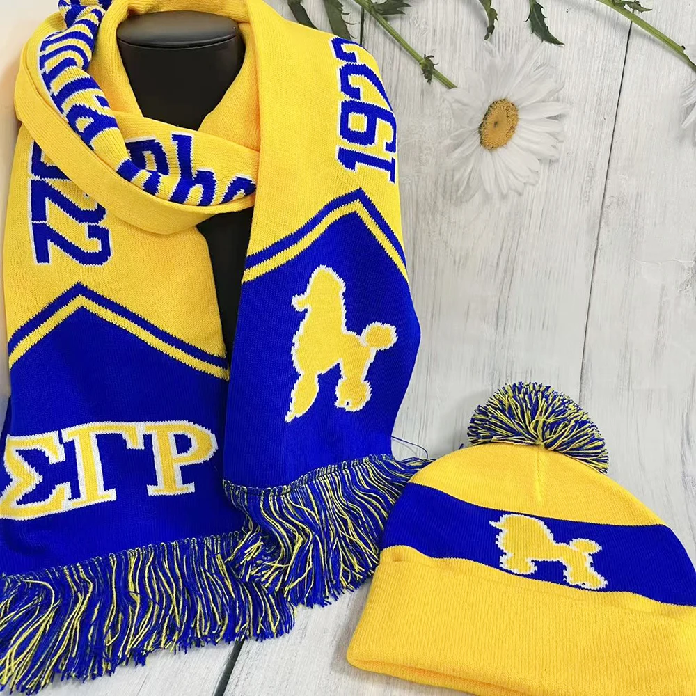 طقم وشاح وقبعة منسوج باللونين الأصفر والأزرق للشتاء من SGR