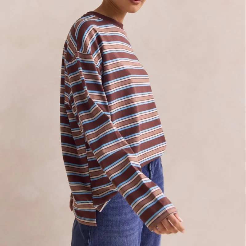 Sudaderas con estampado de rayas a la moda, camisetas clásicas de manga larga, camisas informales para mujer, camisas de otoño de mezcla suave y transpirable