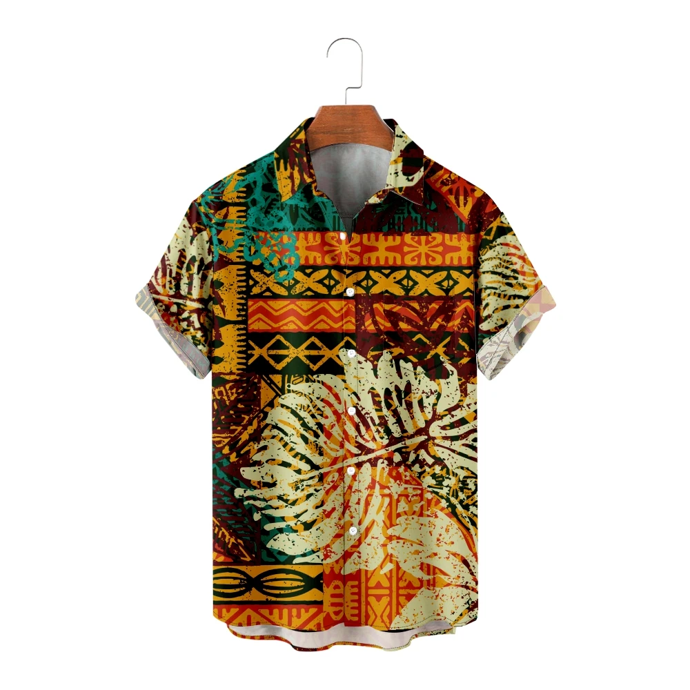 Hawaiian Shirts for Men Bohemia Style Print Short Sleeve Shirts Leaves Print Summer Tops Breathable