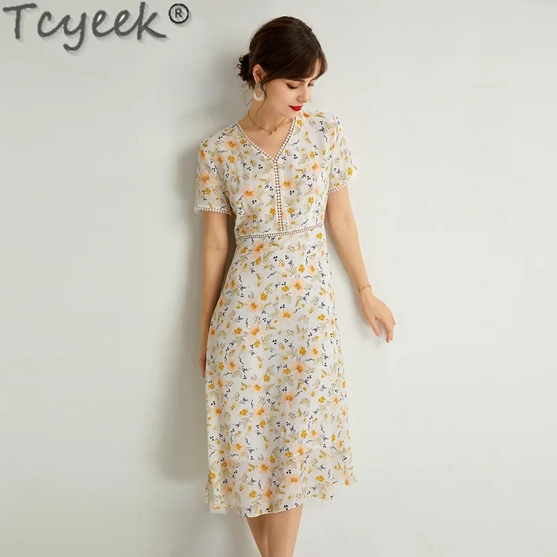 Tcyeek 100% Mulberry Silk Dress Summer Clothes Fashion Long Dresses for Women Elegant and Pretty Women's Dress Lace Splicing