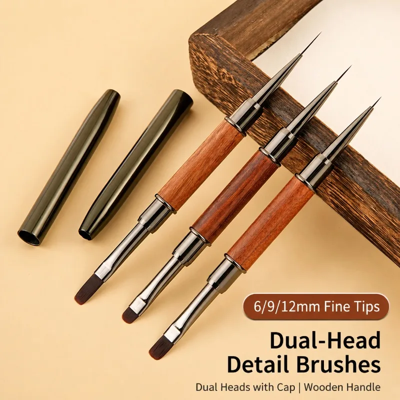 Acrylic Nail Brush Dual Head Wooden Handle, Rosewood Liner Brush for Gel Polish, Fine Detail Painting, Square Round Flat Brush
