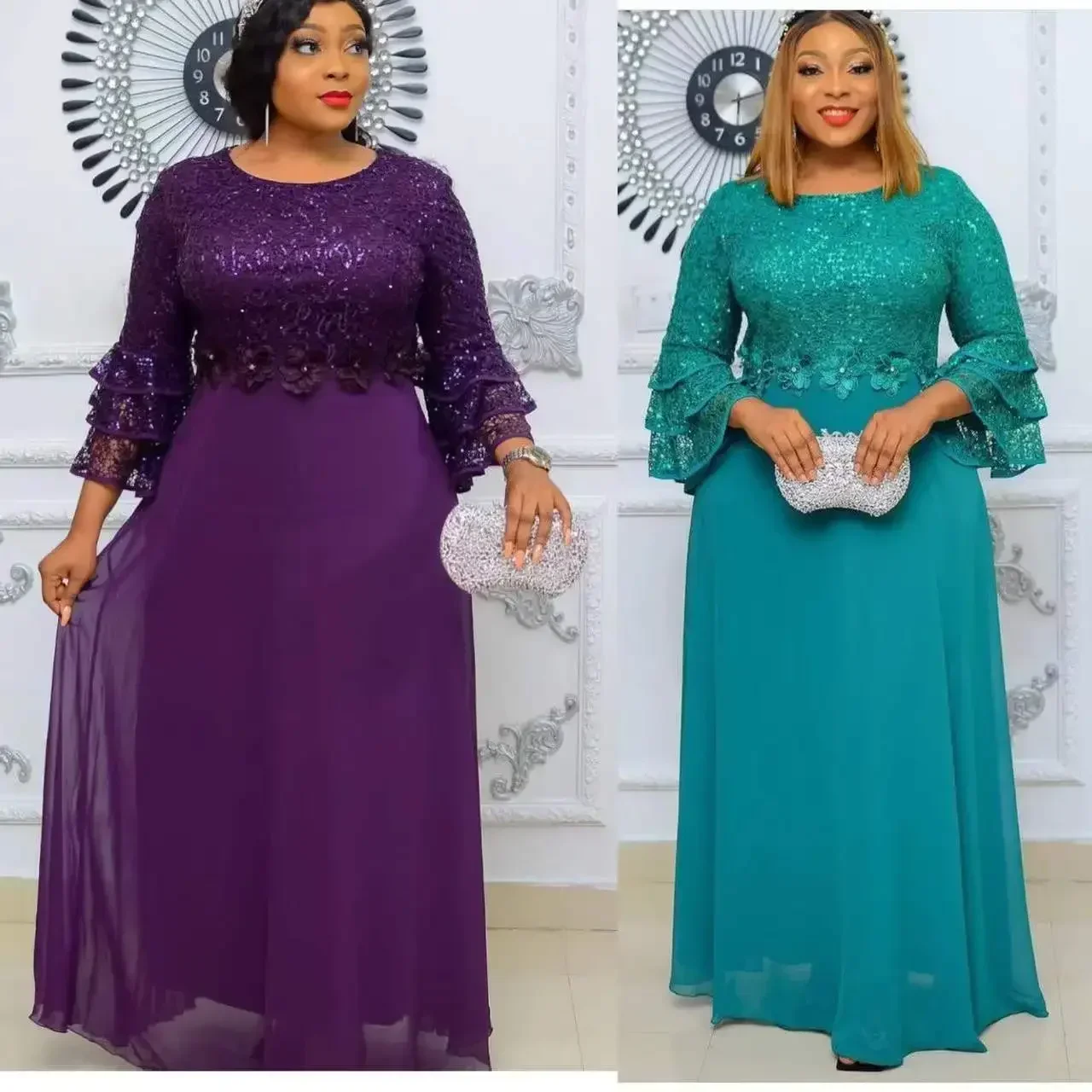 L-3XL African Dresses for Women Spring Autumn African Women Three Quarter Sleeve Polyester Solid Color Long Dress Maxi Dress