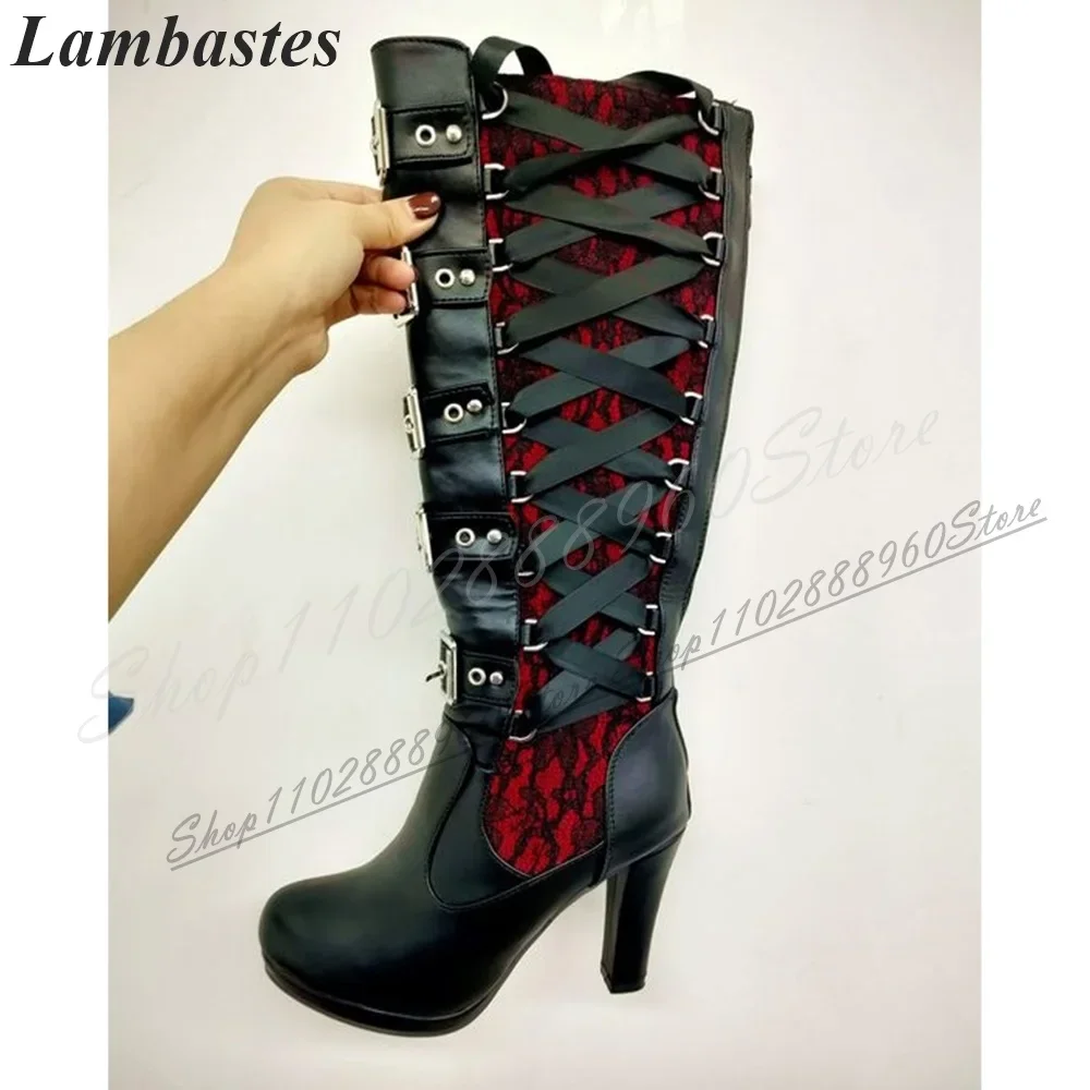 الربط الركبة عالية الأسود الصليب تعادل فارس الأحذية مكتنزة أحذية عالية الكعب للنساء عودة سستة أشار تو الأحذية نمط الغربي
