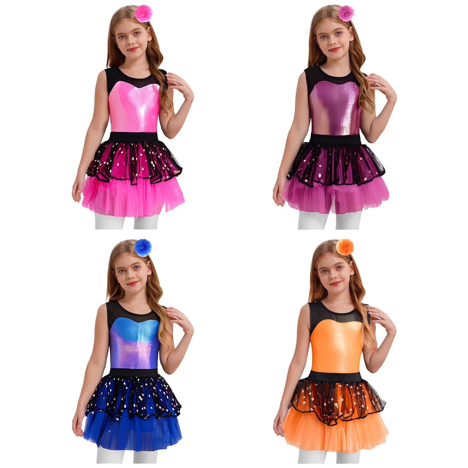 เด็กสาวยิมนาสติกบัลเล่ต์เต้นรําชุดแขนกุด SHEER ตาข่าย Tutu ชุด Headwear สําหรับสเก็ต Dance Performance