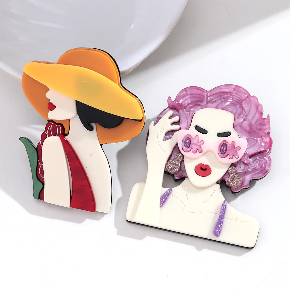 Neue Modische Acryl-Broschen für Damen, Elegante Cartoon-Frauenfiguren-Anstecknadeln, Lässiger Modeschmuck, Kleidungszubehör, Geschenk – Detail 4