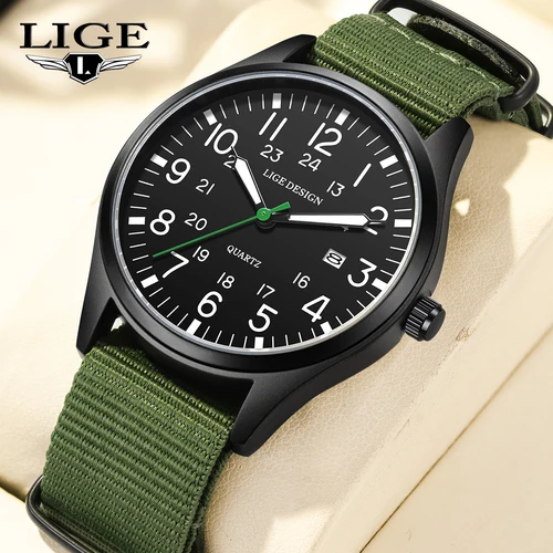 LIGE, marca superior, reloj de cuarzo de lujo para hombres, fecha, cuero de nailon, resistente al agua, relojes deportivos militares luminosos para hombres, relojes masculinos